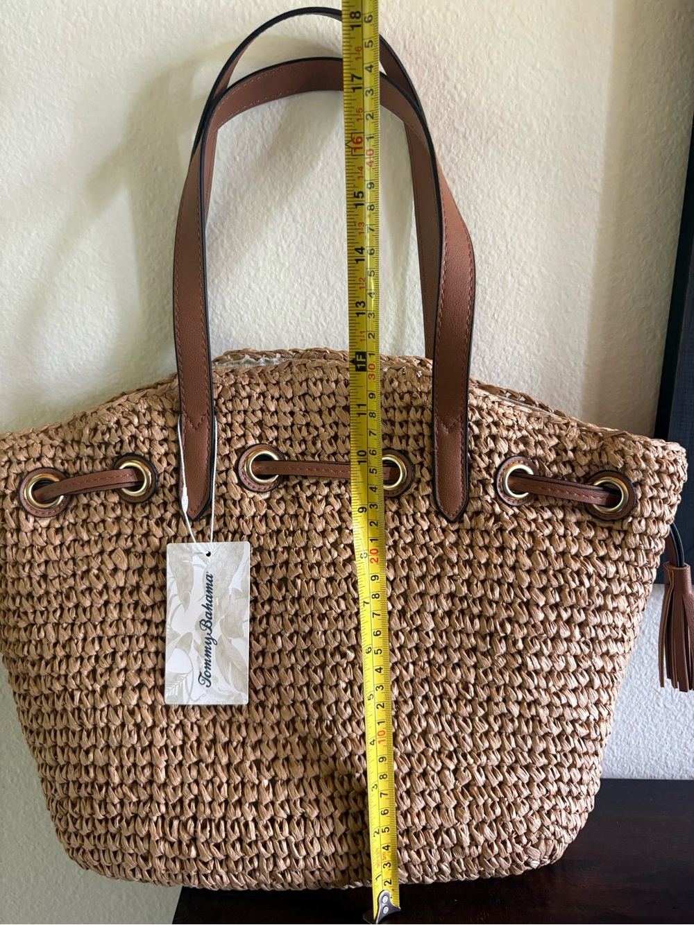 Tommy Bahama Tan Woven Straw Tote with Brown Leather Handles - Picture 2 of 3